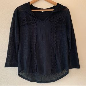 Black Blouse M Crochet Trim Lightweight Top Sheer Rose Flower whimsigoth